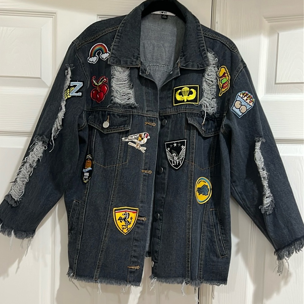 Falling Love Distressed Denim Jacket with Patches